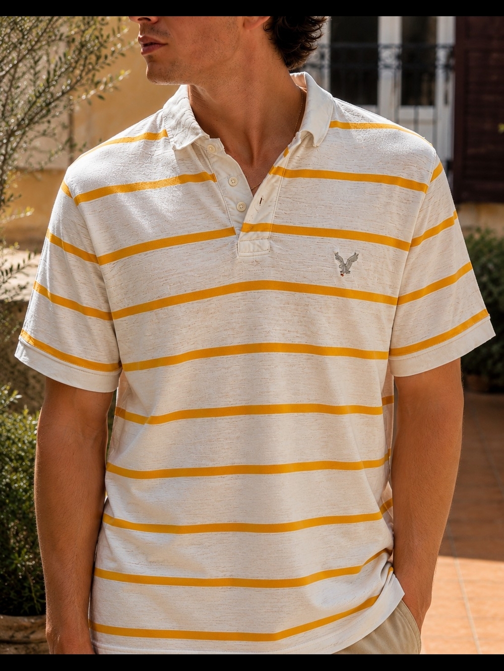 American Eagle Outfitters Cream Polo with Yellow Stripes